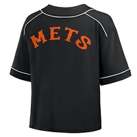 Women's Fanatics Black New York Mets Oversized Champ Game Cropped V-Neck T-Shirt