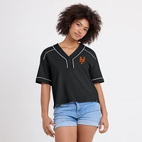 Women's Fanatics Black New York Mets Oversized Champ Game Cropped V-Neck T-Shirt