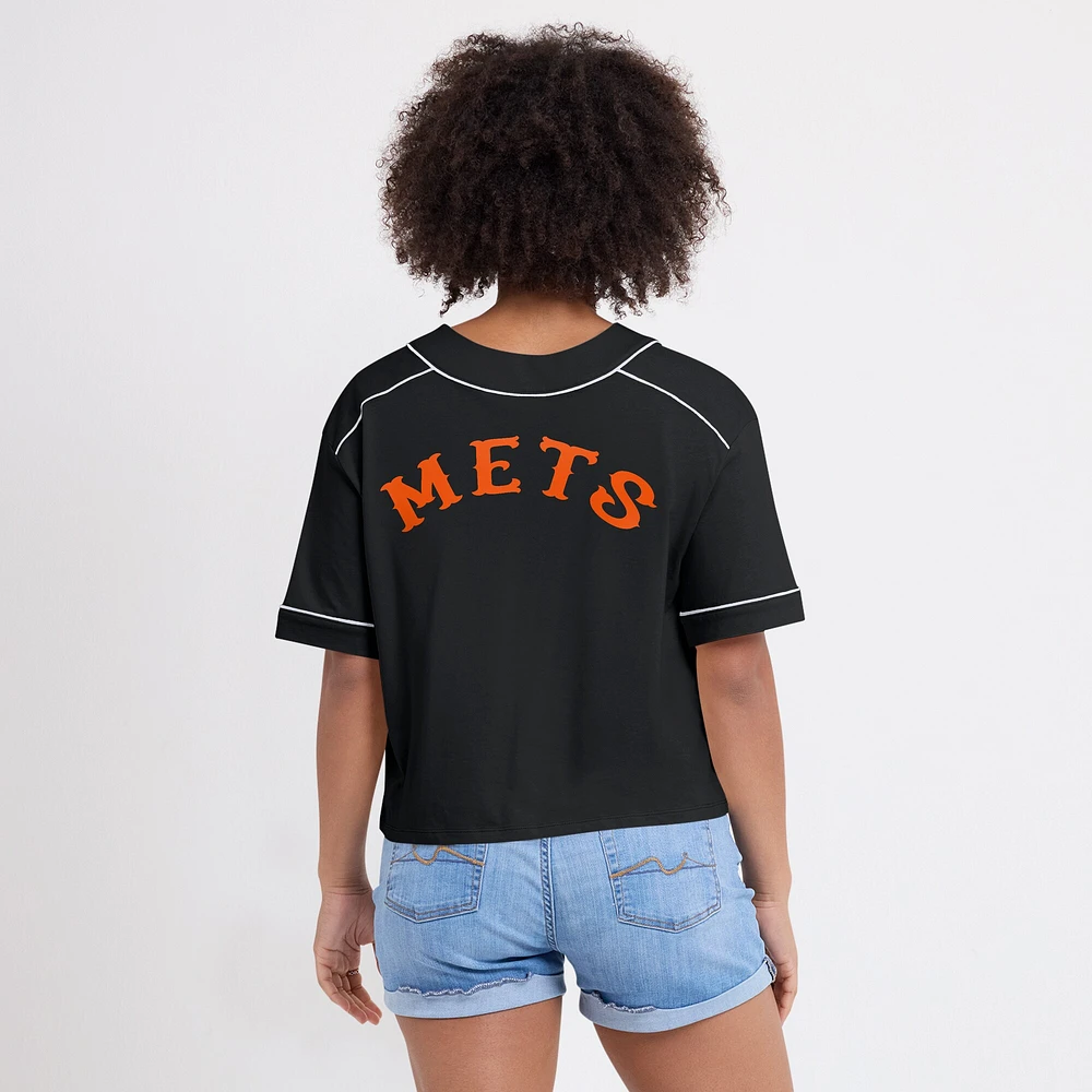 Women's Fanatics Black New York Mets Oversized Champ Game Cropped V-Neck T-Shirt