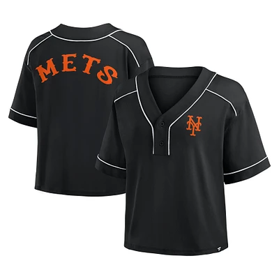 Women's Fanatics Black New York Mets Oversized Champ Game Cropped V-Neck T-Shirt