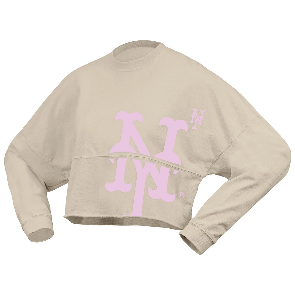 Women's Fanatics  Cream New York Mets Floral Preppy Cropped Long Sleeve T-Shirt