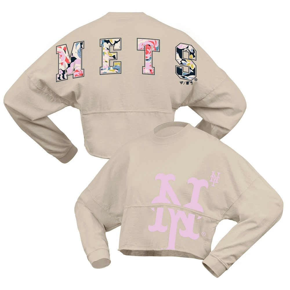 Women's Fanatics Cream New York Mets Floral Preppy Cropped Long Sleeve T-Shirt