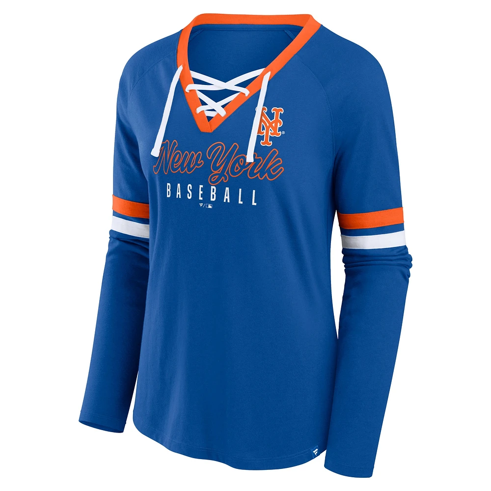 Women's Fanatics Royal New York Mets Won & Done Raglan Lace-Up Long Sleeve T-Shirt