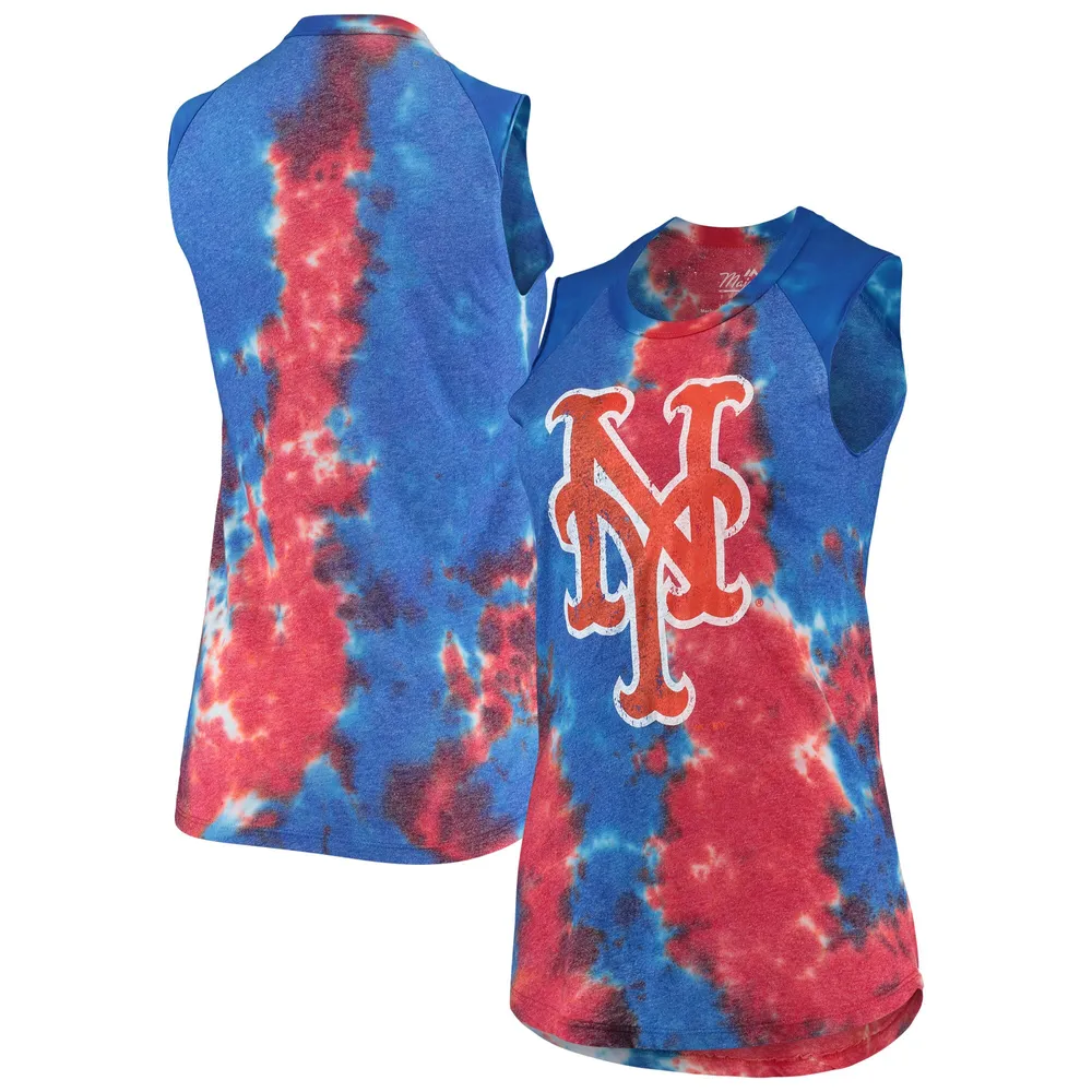 Débardeur musculaire Majestic Threads rouge/bleu New York Mets Tie-Dye Tri-Blend pour femmes