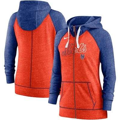 Sweat à capuche léger entièrement zippé Nike Heather Orange/Heather Royal New York Mets Split Wordmark Gym Vintage Raglan pour femme