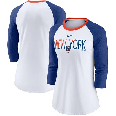 Women's Nike White/Heathered Royal New York Mets Color Split Tri-Blend 3/4-Sleeve Raglan T-Shirt