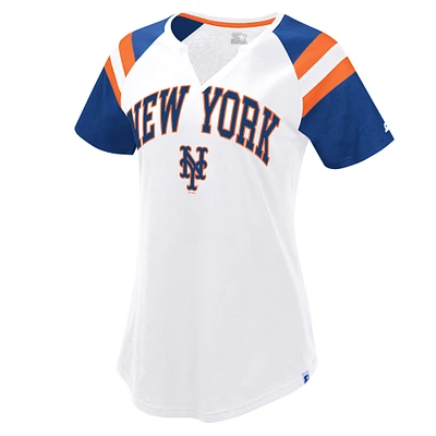 Women's Starter White/Royal New York Mets Game On Notch Neck Raglan T-Shirt