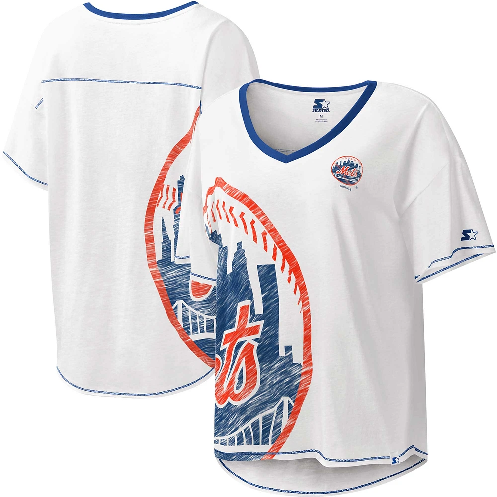 T-shirt à encolure en V pour femme Starter White Mets de New York Perfect Game