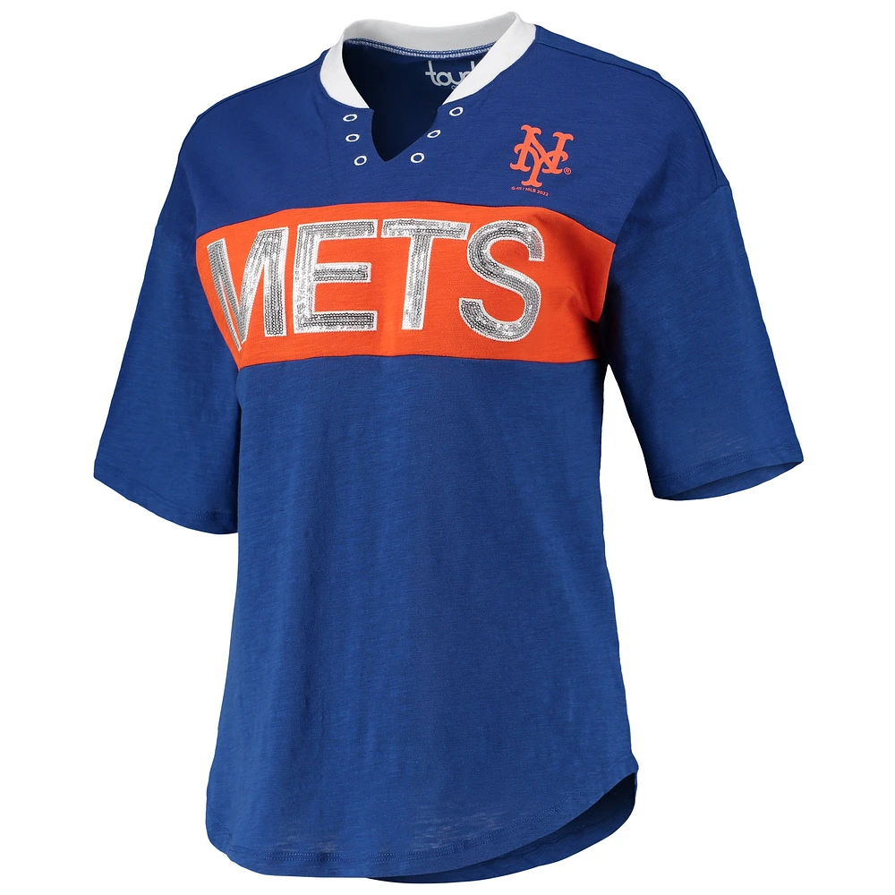 T-shirt à encolure crantée Lead Off des New York Mets pour femme Touch Royal/Orange