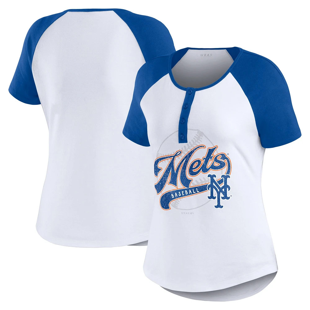 Women's WEAR by Erin Andrews White/Royal New York Mets Fitted Henley Raglan T-Shirt