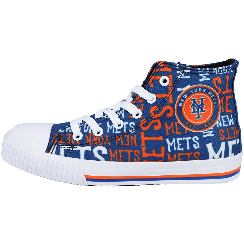 Youth FOCO Royal New York Mets Repeat Wordmark High Top Canvas Allover Sneakers