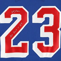 Maillot Adidas authentique dédicacé par Adam Fox des Rangers de New York bleu avec inscription « No Quit in NY »
