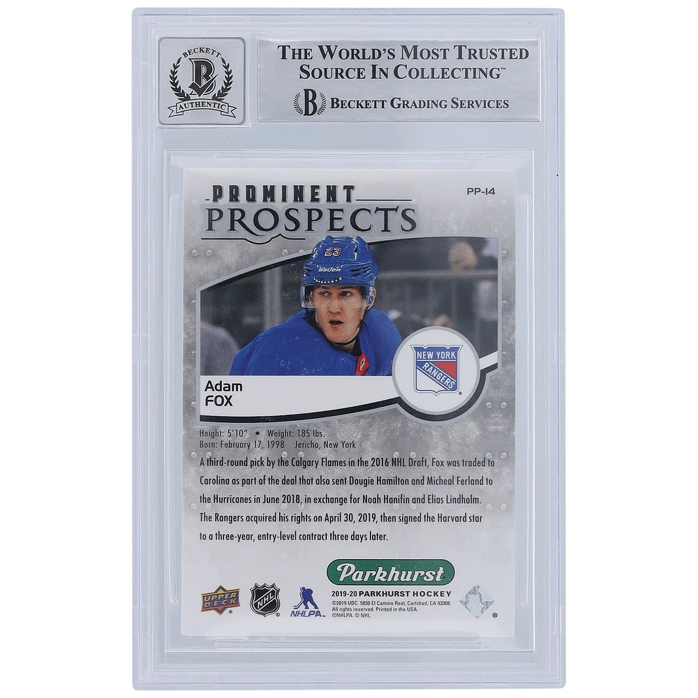Carte de recrue numéro 10 autographiée par Adam Fox des Rangers de New York 2019-20 Upper Deck Parkhurst Prominent Prospects #PP-14 Beckett Fanatics Witnessed Authenticated