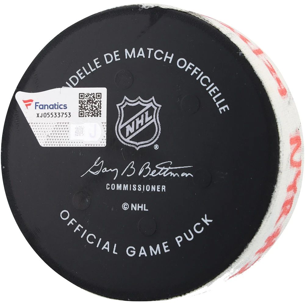 Adam Fox New York Rangers Autographed Game-Used Goal Puck with Inscriptions from Game vs. Columbus Blue Jackets on February 28, 2024