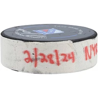 Adam Fox New York Rangers Autographed Game-Used Goal Puck with Inscriptions from Game vs. Columbus Blue Jackets on February 28, 2024