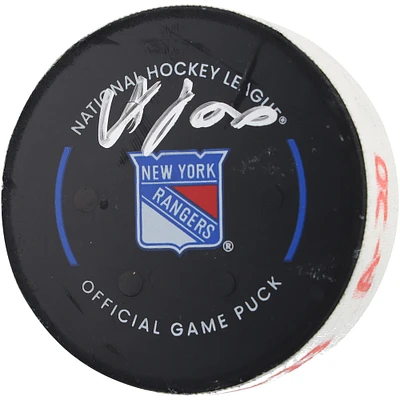Adam Fox New York Rangers Autographed Game-Used Goal Puck with Inscriptions from Game vs. Columbus Blue Jackets on February 28, 2024