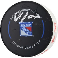 Adam Fox New York Rangers Autographed Game-Used Goal Puck with Inscriptions from Game vs. Columbus Blue Jackets on February 28, 2024