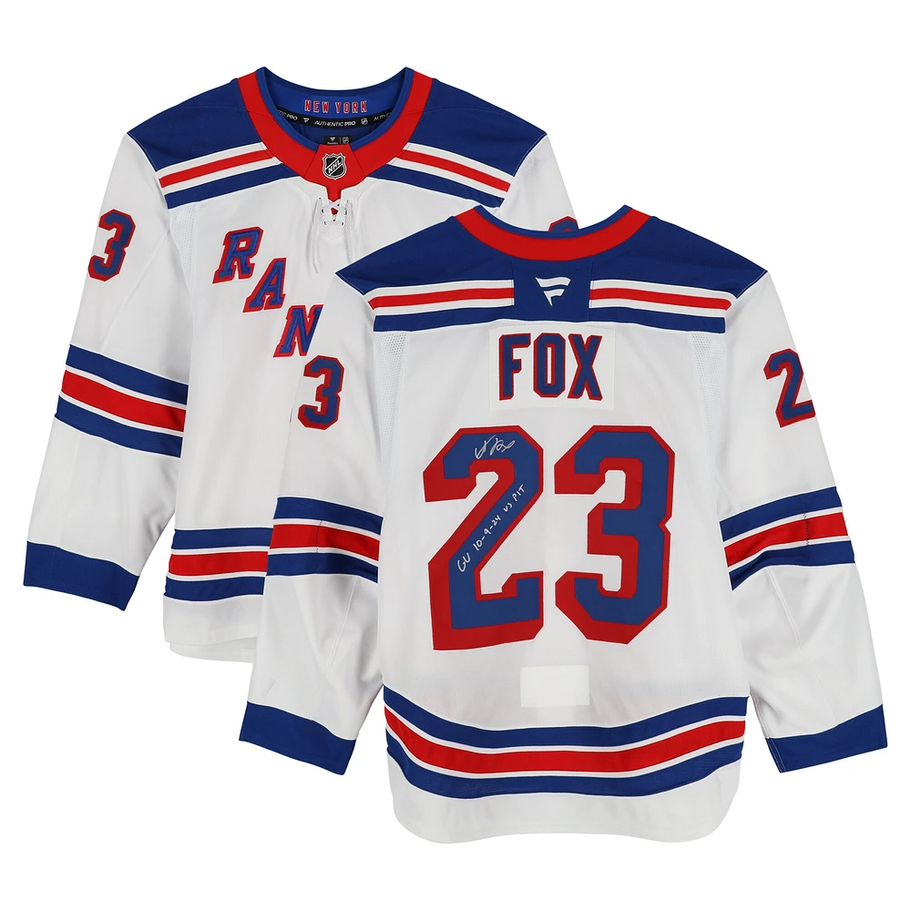 Adam Fox New York Rangers Autographed Game-Used #23 White Jersey vs. Pittsburgh Penguins on October 9, 2024 with "GU 10-9-24 vs. PIT" Inscription