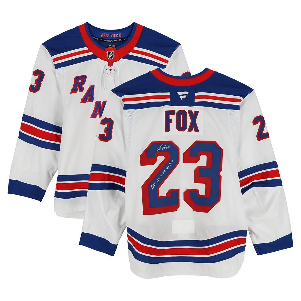 Adam Fox New York Rangers Autographed Game-Used #23 White Jersey vs. Pittsburgh Penguins on October 9, 2024 with "GU 10-9-24 vs. PIT" Inscription