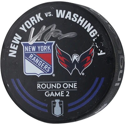 Adam Fox New York Rangers Autographed Practice-Used Warm-Up Puck from Game 2 of the First Round During the 2024 Stanley Cup Playoffs vs. Washington Capitals