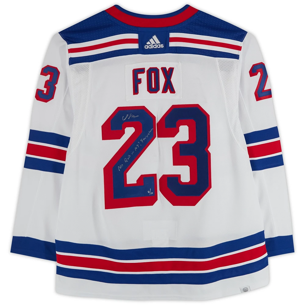 Adam Fox New York Rangers Autographed White adidas Authentic Jersey with "No Quit in NY!" & "Foxyclean" Inscriptions - Limited Edition of 10 