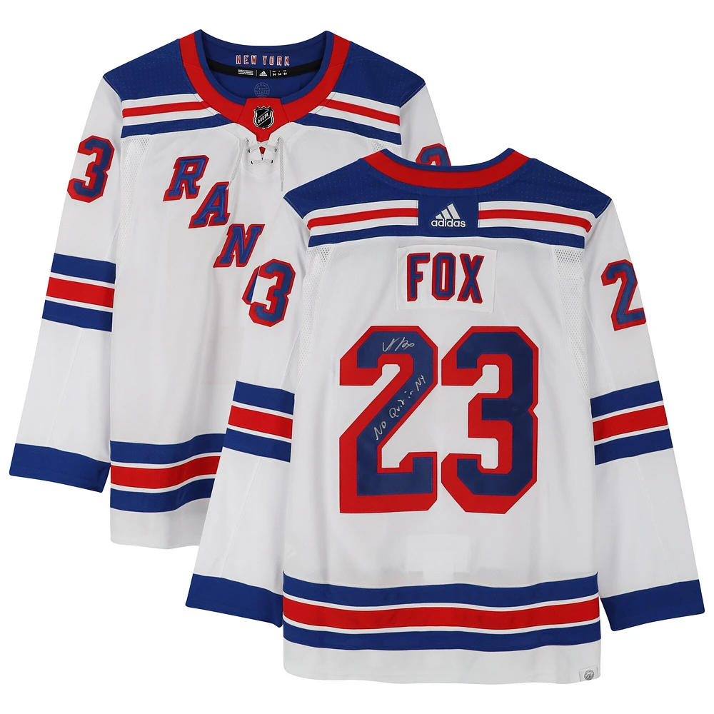 Adam Fox New York Rangers Autographed White adidas Authentic Jersey with "No Quit in NY" Inscription