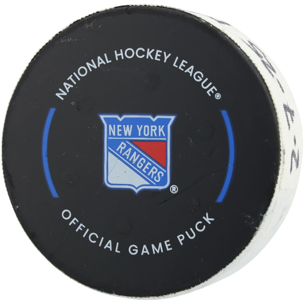 Adam Fox New York Rangers Game-Used Goal Puck vs. Pittsburgh Penguins on February 7, 2025