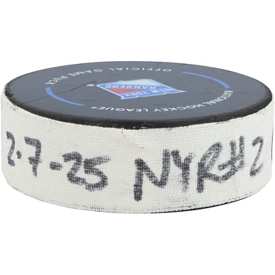Adam Fox New York Rangers Game-Used Goal Puck vs. Pittsburgh Penguins on February 7, 2025
