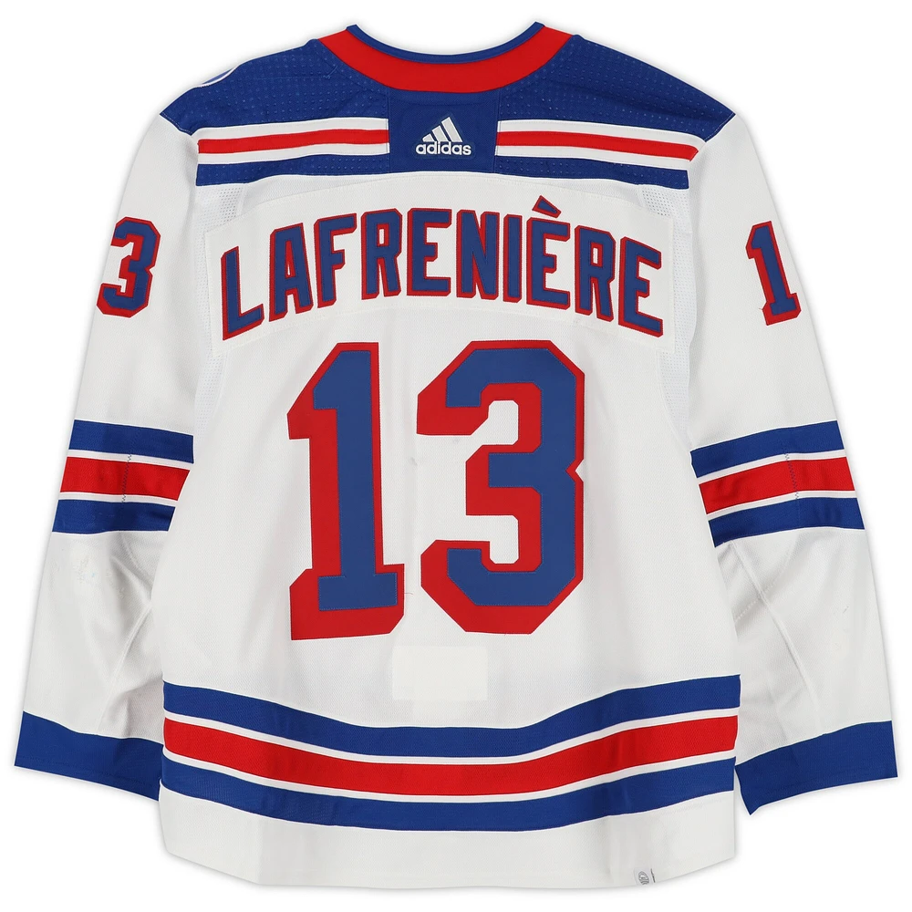 Alexis Lafreniere New York Rangers Game-Used #13 White Round 1 Jersey Worn During the First Round of the 2022 Stanley Cup Playoffs vs. Pittsburgh Penguins on May 7, 9 and 13, 2022 - Size 56