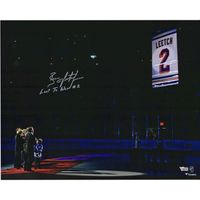 Brian Leetch New York Rangers Autographed 16" x 20" Jersey Retirement Banner Raising Photograph with "Last to Wear #2" Inscription