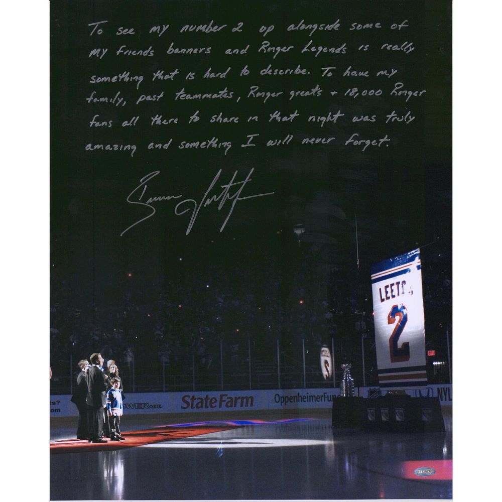 Brian Leetch New York Rangers Autographed 16" x 20" Jersey Retirement Banner Raising Photograph with Story Inscription