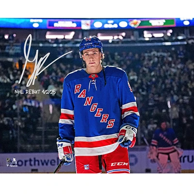Photographie autographiée de Gabe Perreault des Rangers de New York pour ses débuts dans la LNH (16 x 20 po) avec l'inscription « NHL Debut 4/2/25 »