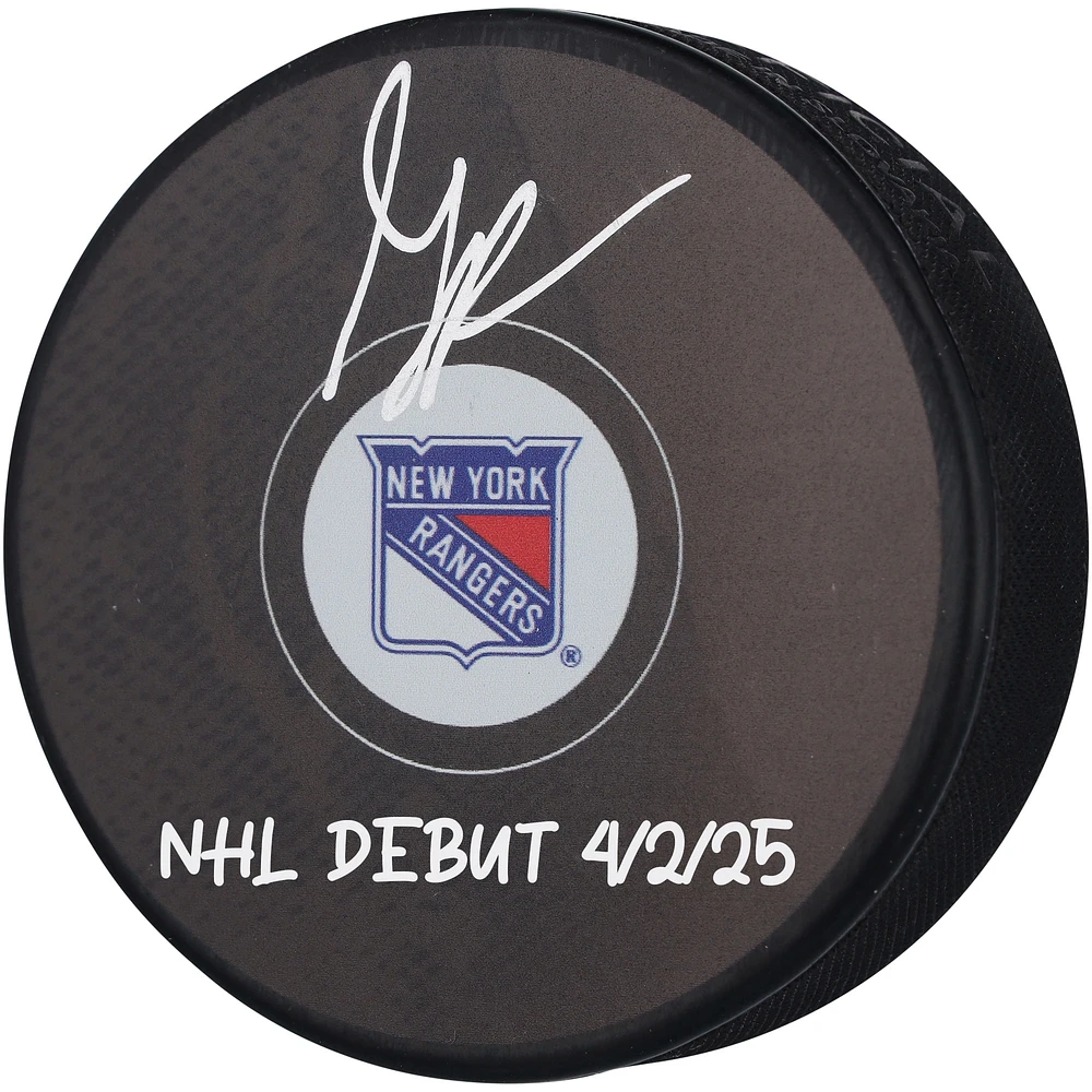 Gabe Perreault New York Rangers Autographed Hockey Puck with "NHL Debut 4/2/25" Inscription