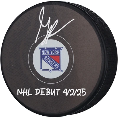 Gabe Perreault New York Rangers Autographed Hockey Puck with "NHL Debut 4/2/25" Inscription