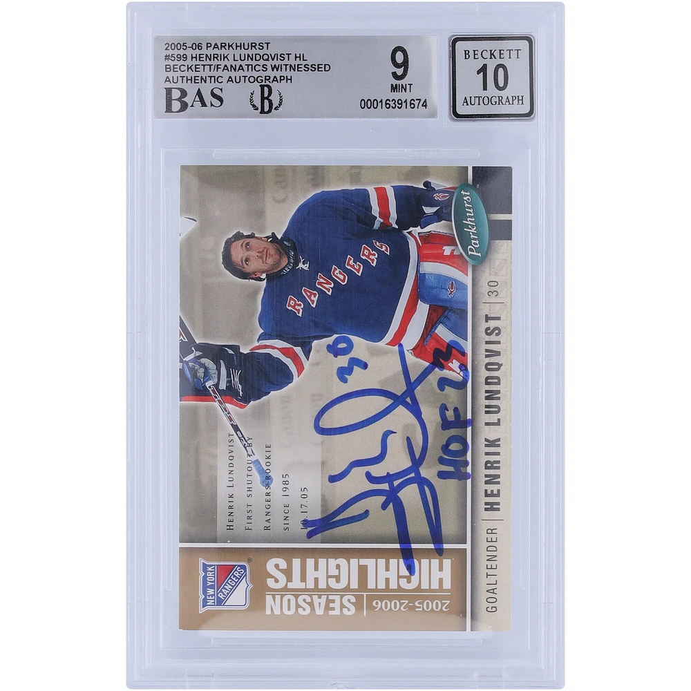 Carte de recrue 9/10 authentifiée 2005-06 Upper Deck Parkhurst #599 Beckett signée Henrik Lundqvist par les Rangers de New York avec l'inscription "HOF 23"