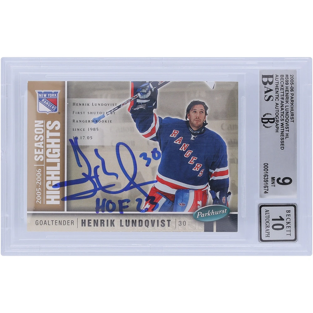 Carte de recrue 9/10 authentifiée 2005-06 Upper Deck Parkhurst #599 Beckett signée Henrik Lundqvist par les Rangers de New York avec l'inscription "HOF 23"