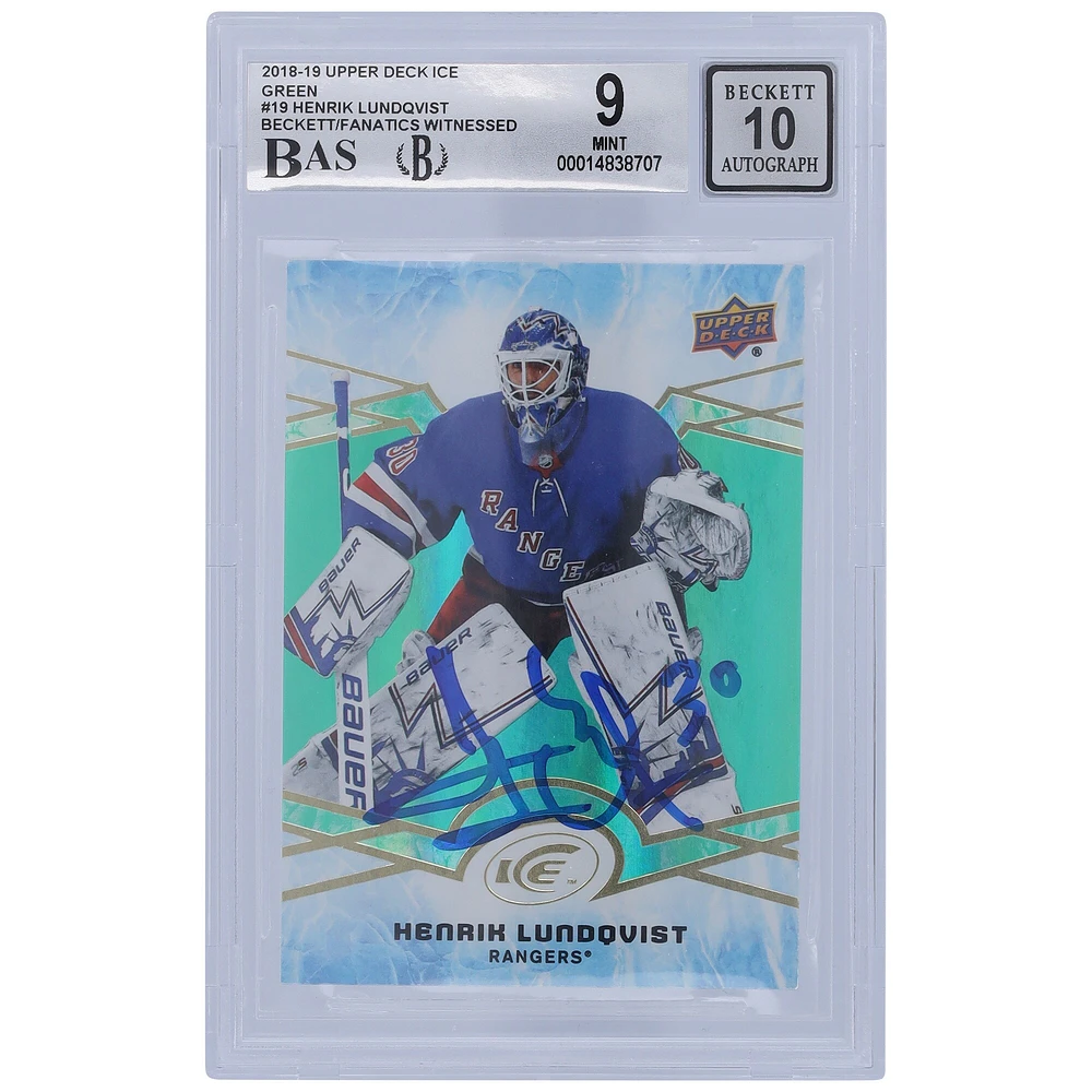 Carte autographiée 9/10 2018-19 Upper Deck Ice Green #19 Beckett Fanatics Witnessed Authenticated des Rangers de New York par Henrik Lundqvist - Sous-catégories 9,5/8,5/9,5/9,5