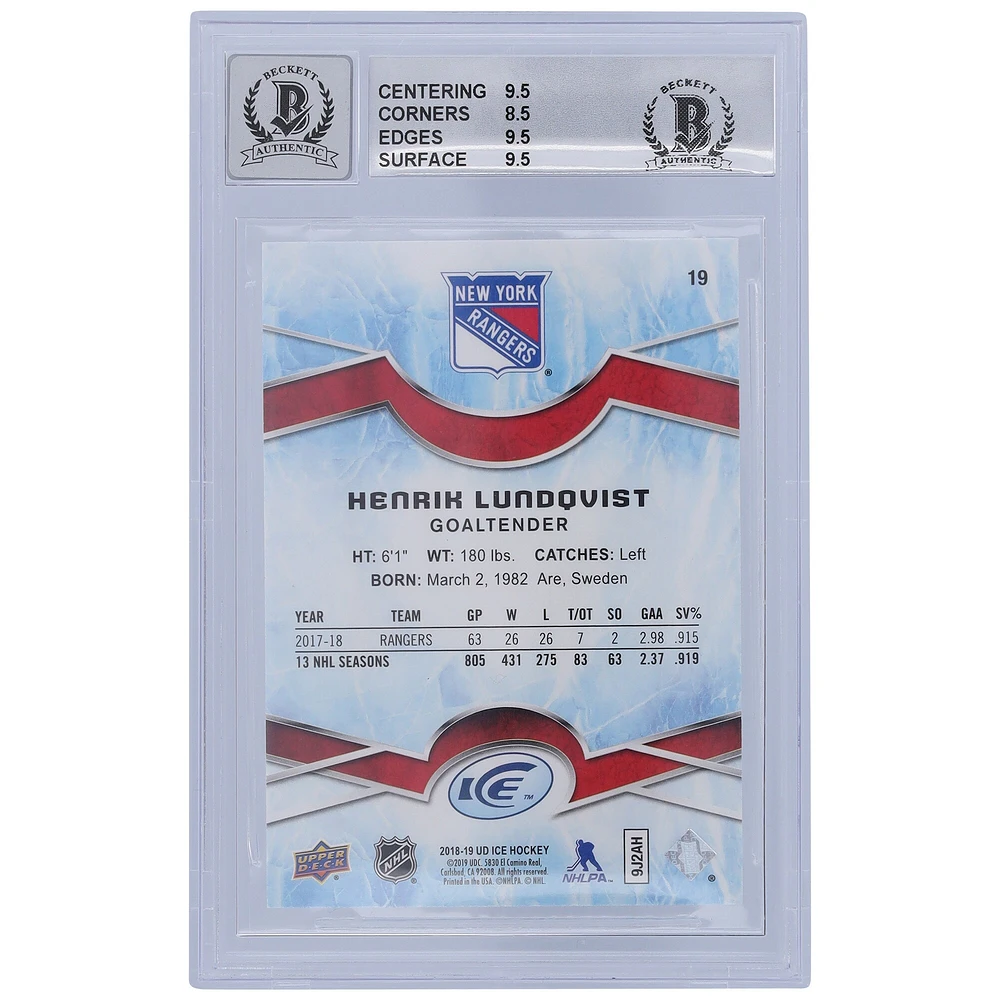 Carte autographiée 9/10 2018-19 Upper Deck Ice Green #19 Beckett Fanatics Witnessed Authenticated des Rangers de New York par Henrik Lundqvist - Sous-catégories 9,5/8,5/9,5/9,5