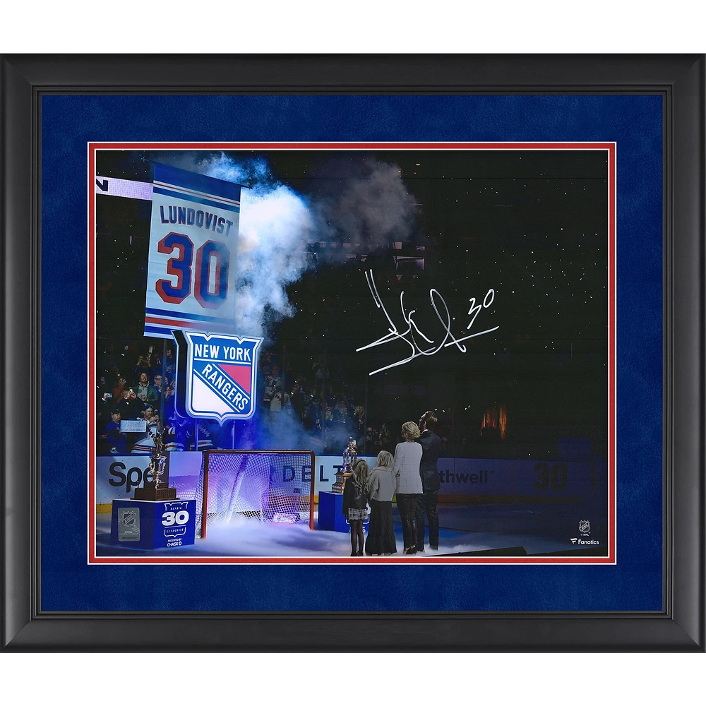 Henrik Lundqvist New York Rangers Autographed Framed 16" x 20" Jersey Retirement Banner Raising Photograph