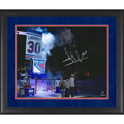 Henrik Lundqvist New York Rangers Autographed Framed 16" x 20" Jersey Retirement Banner Raising Photograph 