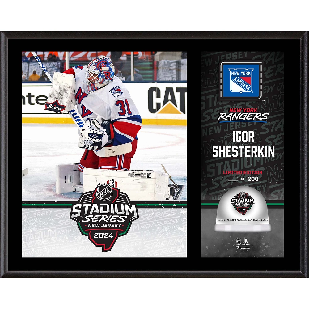 Plaque sublimée Igor Shesterkin New York Rangers 12" x 15" 2024 NHL Stadium Series avec glace utilisée lors du match - Édition limitée à 200