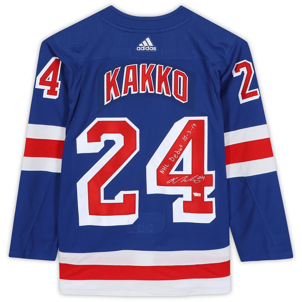 Kaapo Kakko New York Rangers Maillot authentique bleu Adidas autographié avec inscription « NHL Debut 10/3/19 »