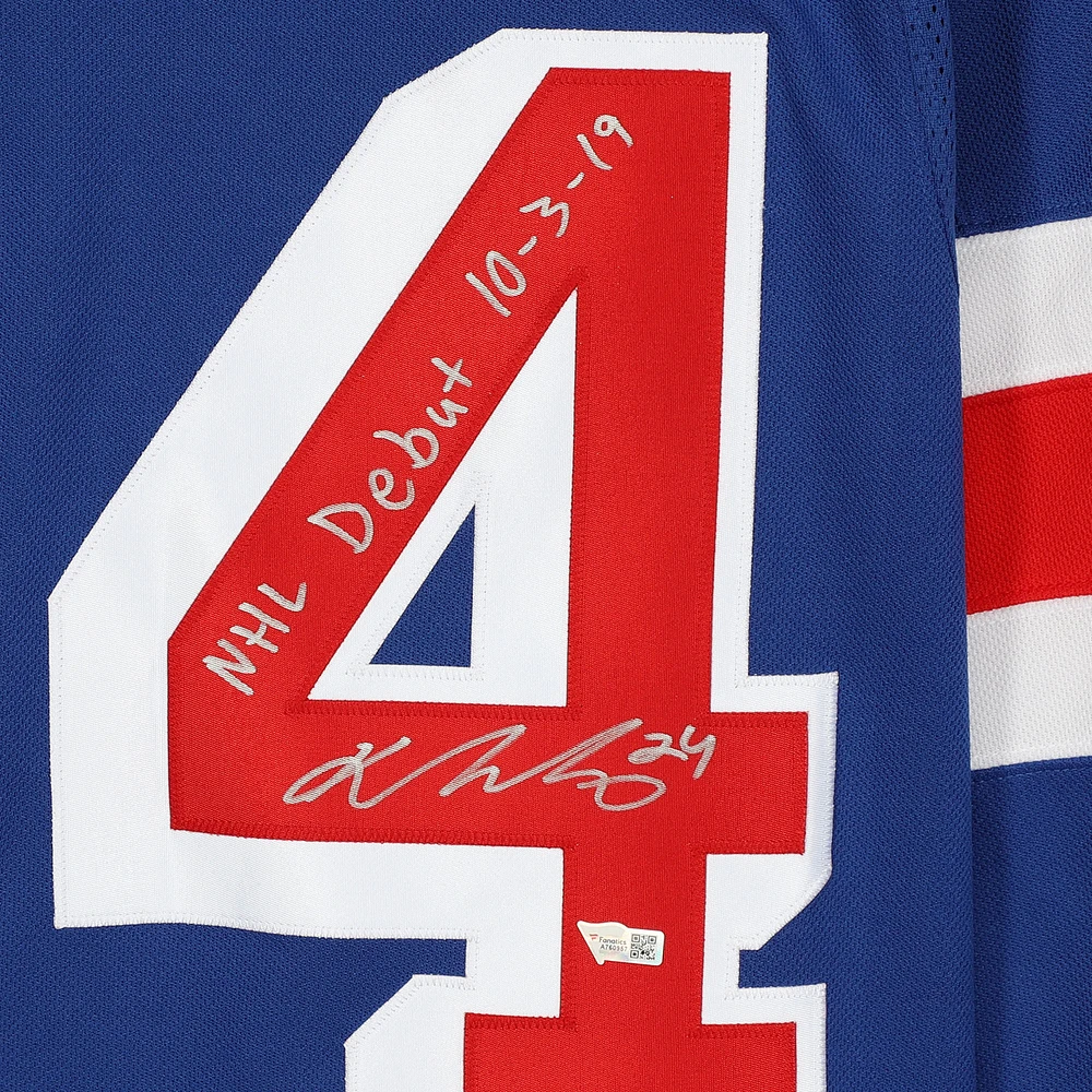 Kaapo Kakko New York Rangers Maillot authentique bleu Adidas autographié avec inscription « NHL Debut 10/3/19 »