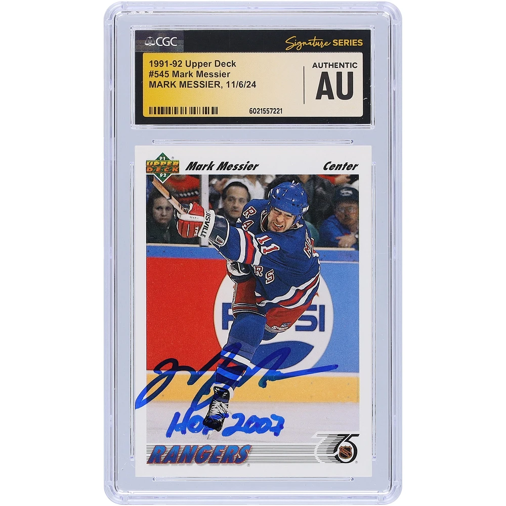 Mark Messier New York Rangers Autographed 1991-92 Upper Deck #545 CGC Fanatics Witnessed Authenticated Card with "HOF 2007" Inscription