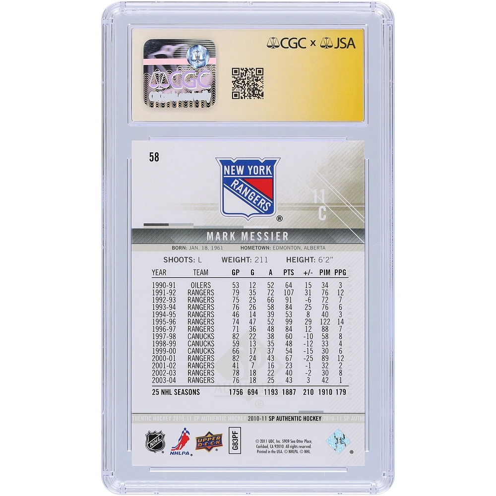 Mark Messier New York Rangers Autographed 2010-11 Upper Deck SP Authentic #58 CGC Fanatics Witnessed Authenticated Auto 10 Card