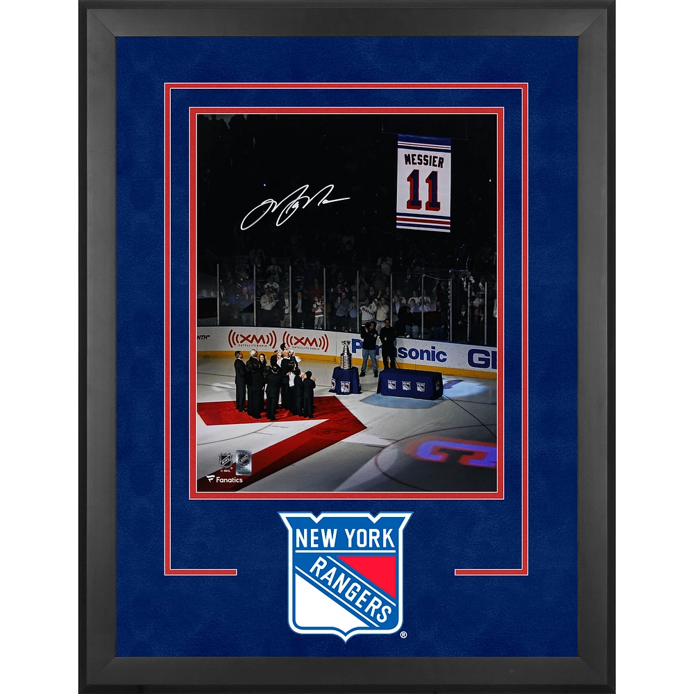 Mark Messier New York Rangers Autographed Deluxe Framed 16" x 20" Jersey Retirement Banner Raising Photograph