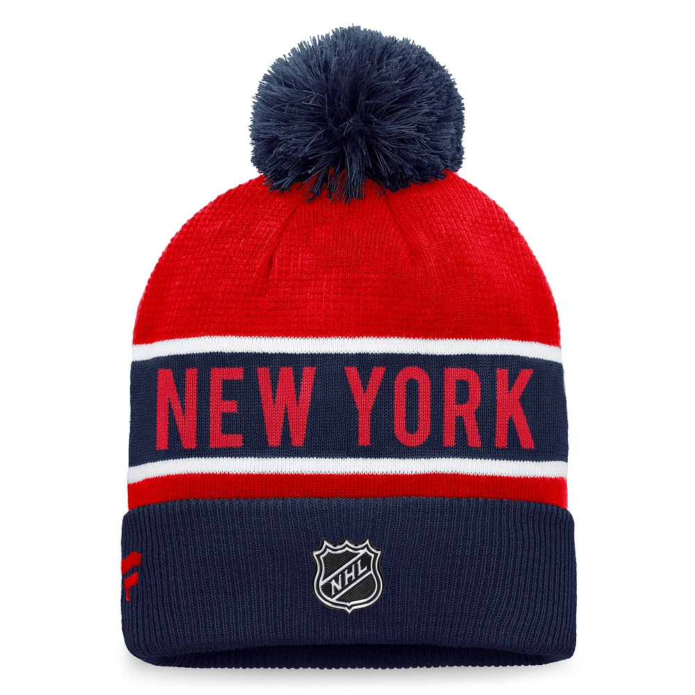 Bonnet en tricot à revers avec pompon authentique Pro Rink des Rangers de New York pour hommes Fanatics rouge/bleu marine