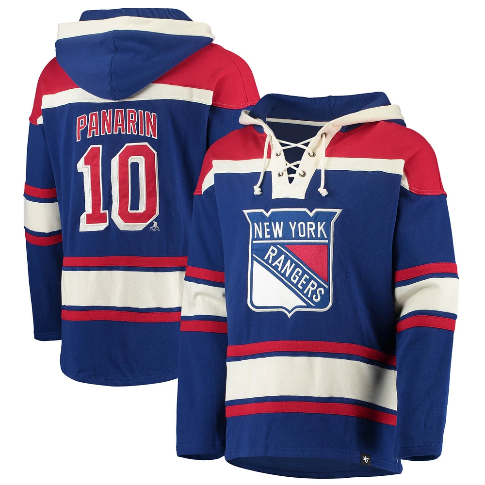 Chandail à capuchon Lacer avec nom et numéro du joueur des New York Rangers '47 Artemi Panarin bleu