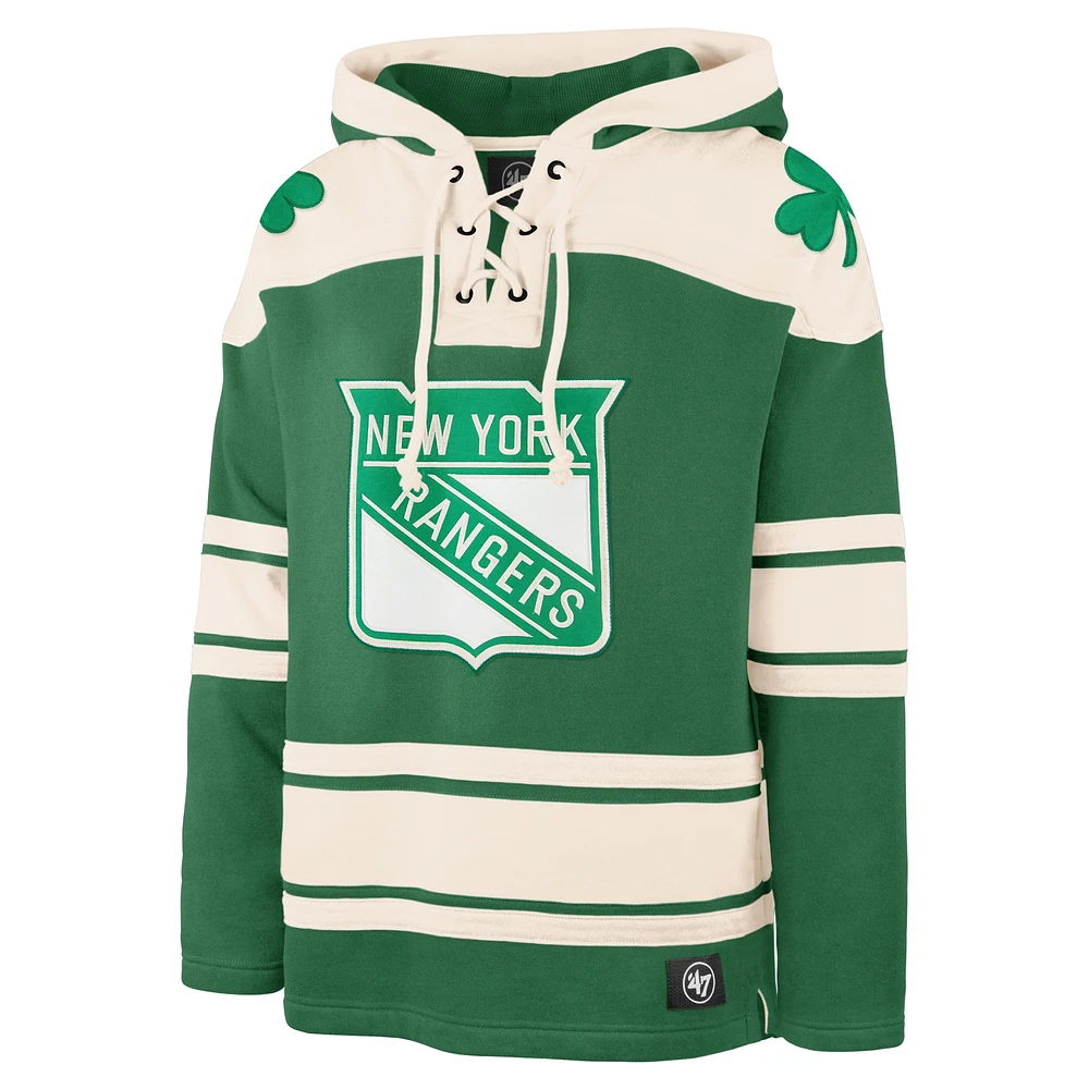 Men's '47 Artemi Panarin Kelly Green New York Rangers St. Patrick's Day Player Name & Number Lacer Pullover Hoodie
