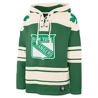 Men's '47 Artemi Panarin Kelly Green New York Rangers St. Patrick's Day Player Name & Number Lacer Pullover Hoodie